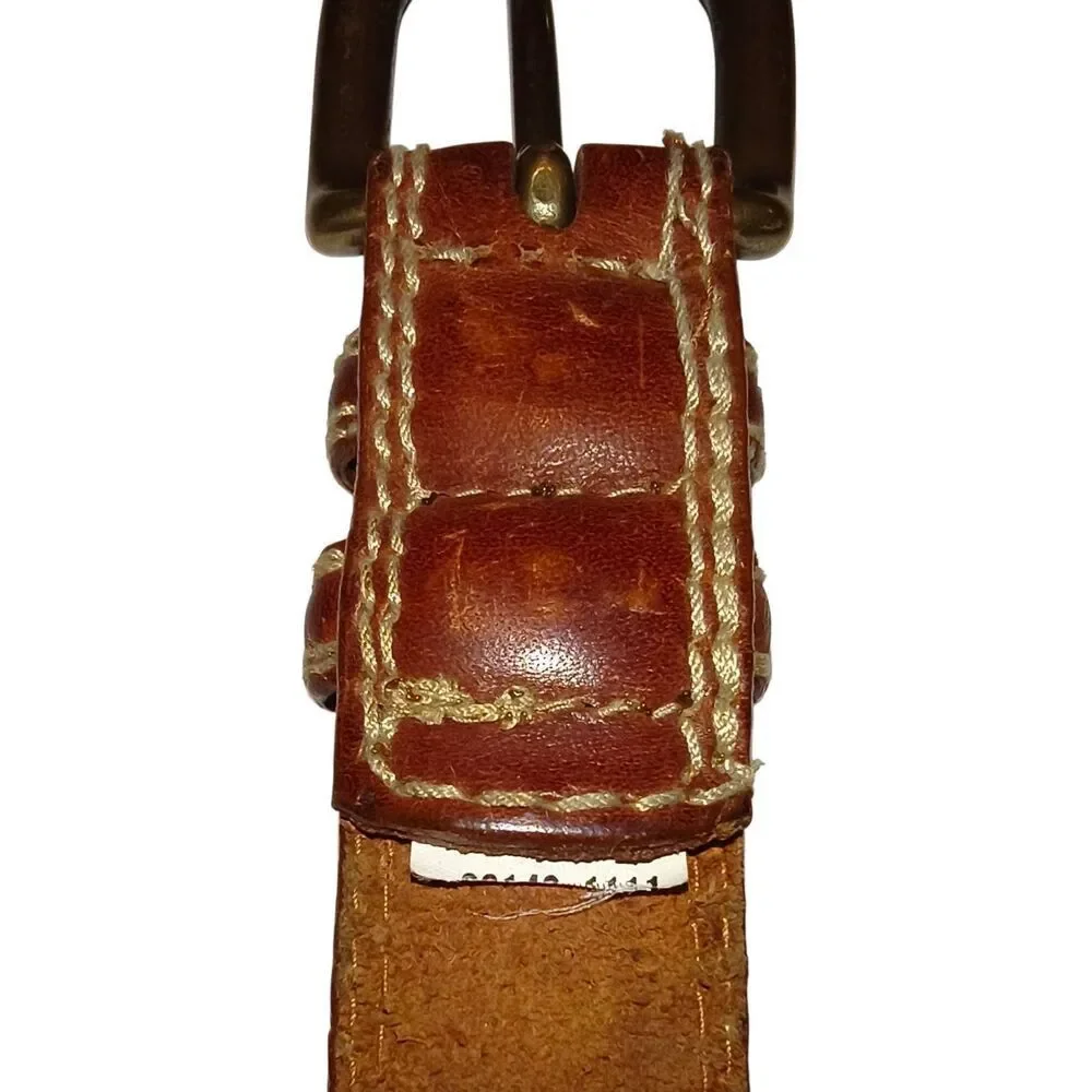 Vintage genuine leather stitched belt Size 32 brass hardware Taiwan cowboy rodeo